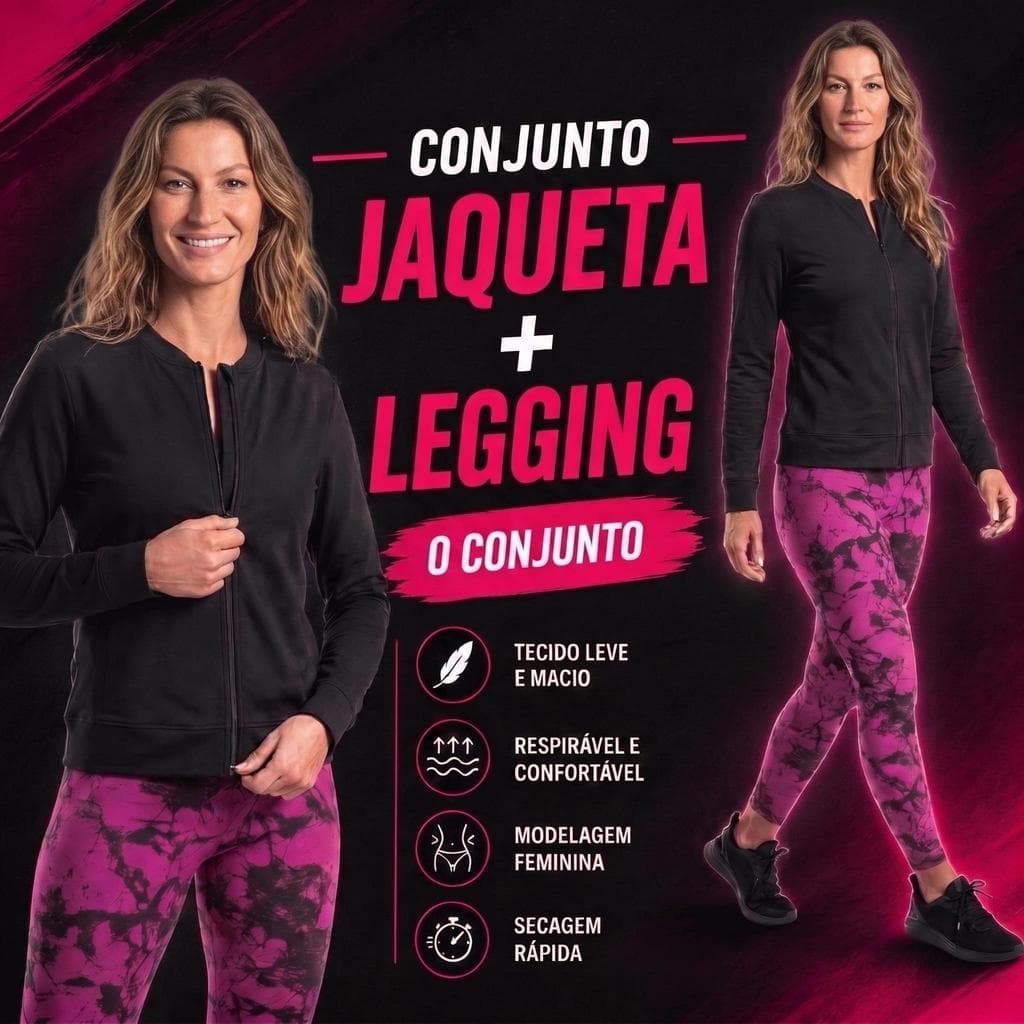 Conjunto Feminino Jaqueta com ziper e Calça legging Fitness Marmorizada Tie Dye para academia suplex