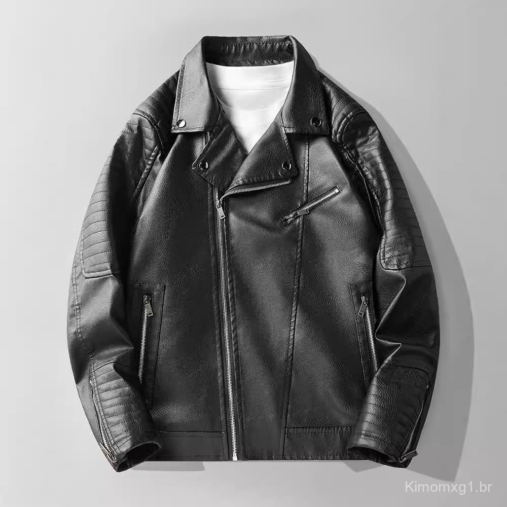 Jaqueta de motociclista masculina com gola dobrável, jaqueta de couro PU, jaqueta de couro estilo Hong Kong para jovens,