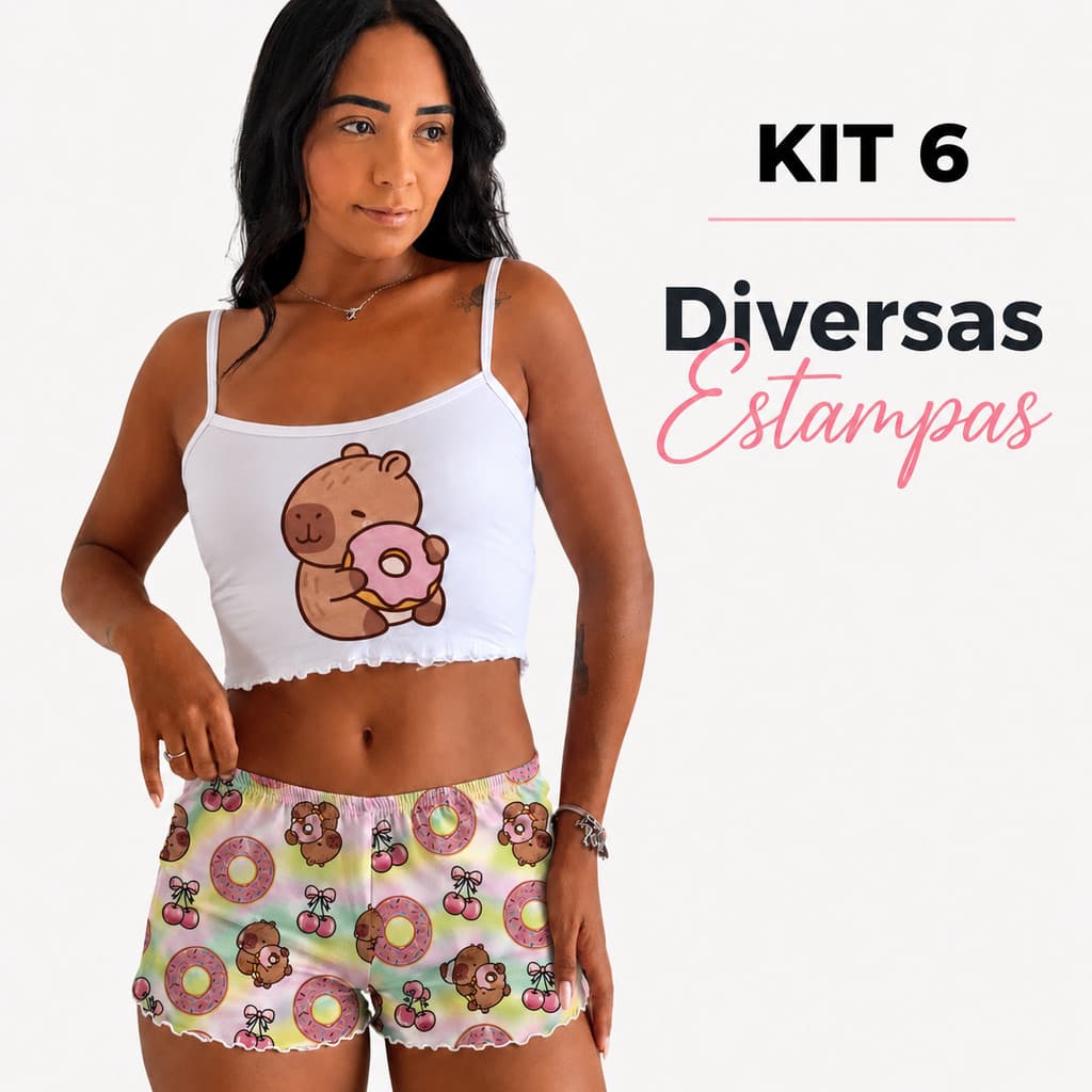 Kit 6 Babydoll Pijama Feminino Cropped de Alcinha Shortinho Personagens