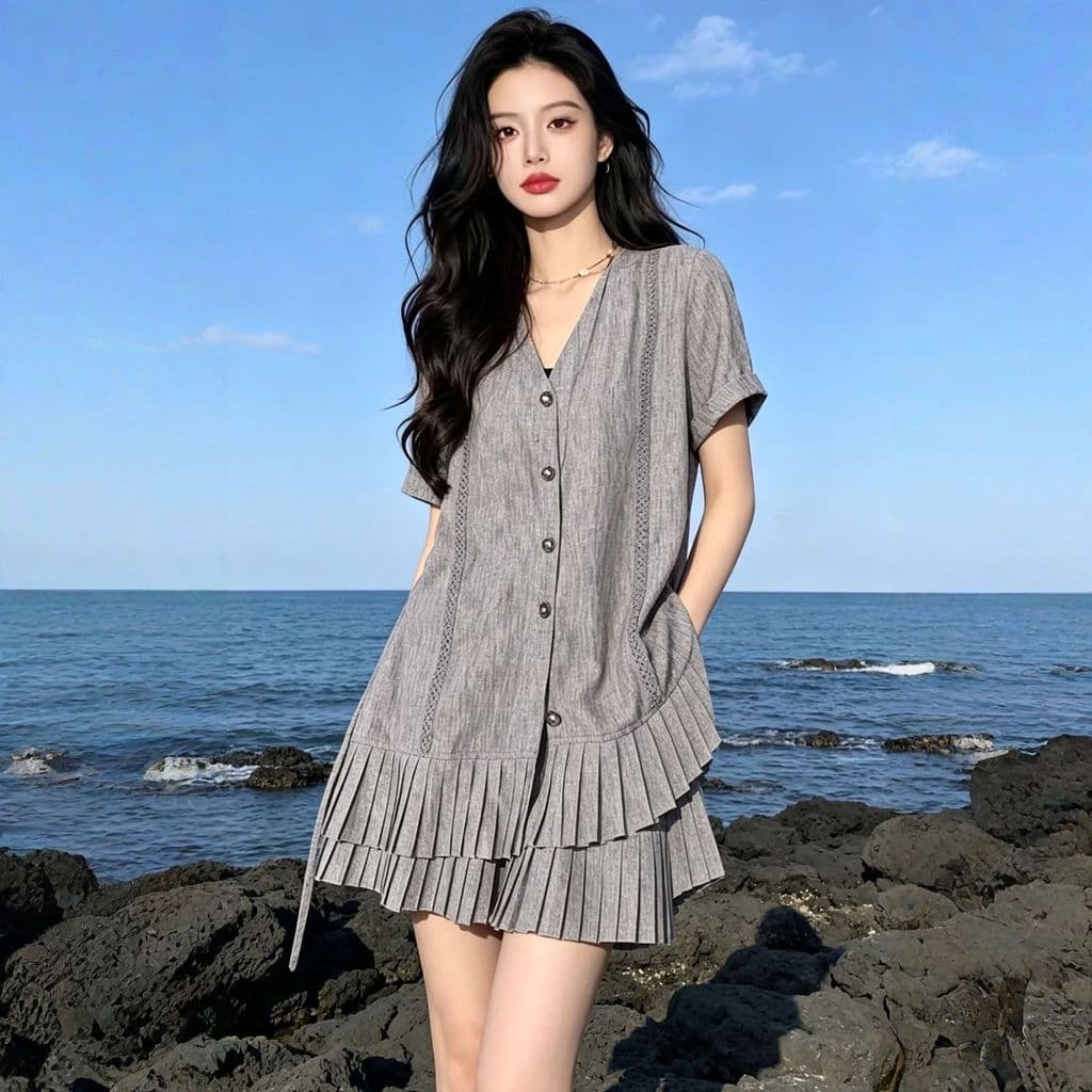 Novo estilo Plus Size roupas femininas ligeiramente gordo verão moda versão coreana com decote em V terno de manga curta