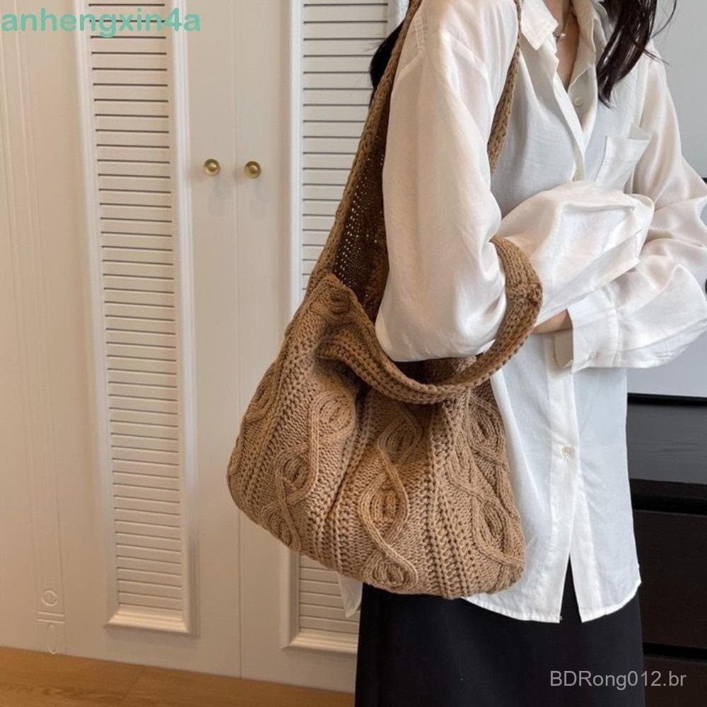 Bolsa De Ombro Tricotada De Lã ANHENGXIN , Sacola De Crochê Com Torções De Cor Sólida , Feita À Mão