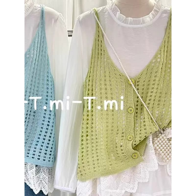 Novo estilo colete estilingue oco curto Cardigan High-End solto tamanho grande feminino estilo fino colete em camadas de