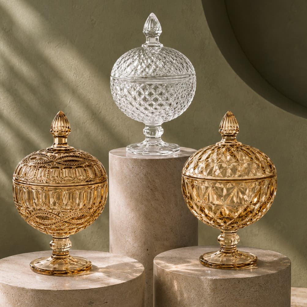 Bomboniere Potiche Decorativa com Pé e Tampa Vidro Luxo – Porta Doces, Sala, Festa e Mesa Posta
