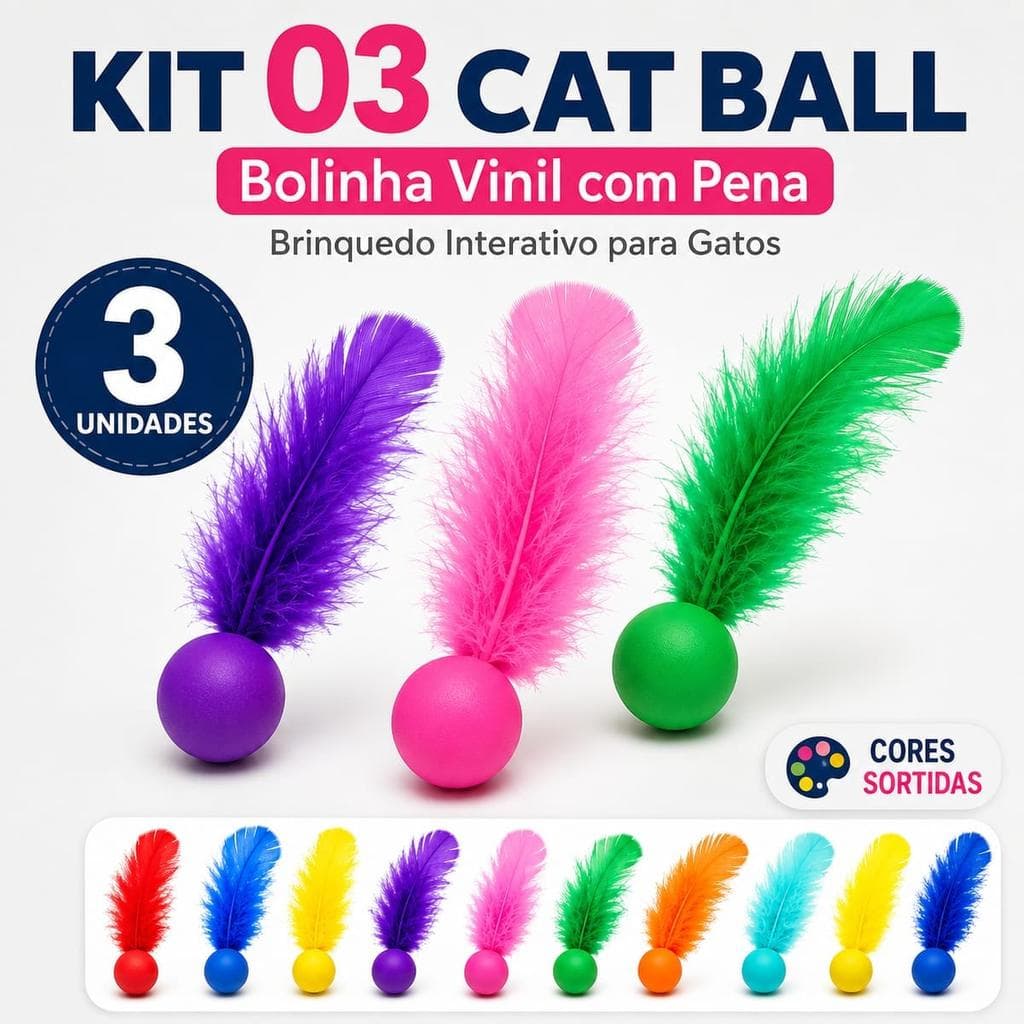 Kit 03 Bolinhas Cat Ball Vinil com Pena para Gatos - Brinquedo Interativo, Leve e Atrativo