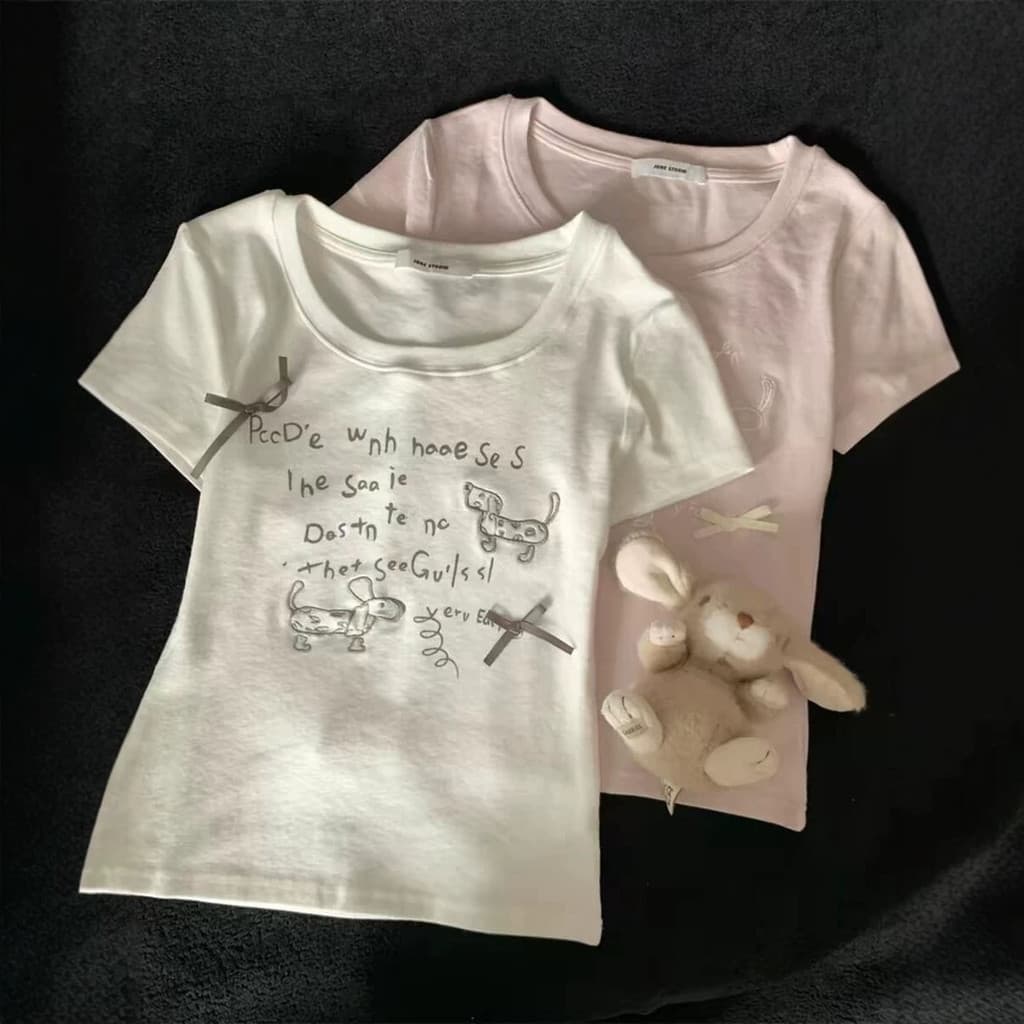 Camiseta De Manga Curta Bordada Puramente Retrô Dachshund Com Decote Em U Para Mulheres , Novo Design De Verão , Top Cur