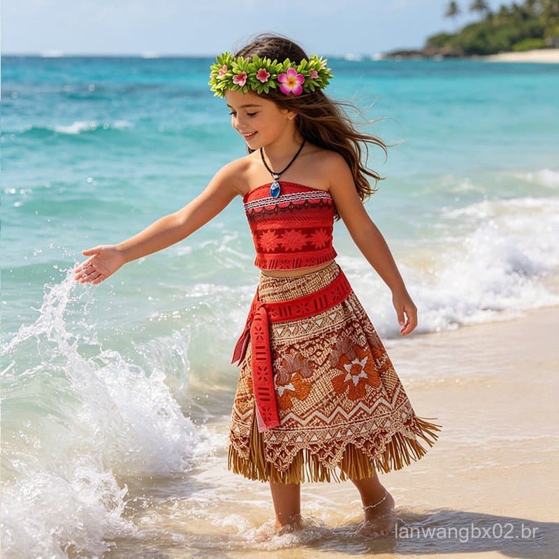 Fantasia Inspirada na Moana para Meninas, Estilo Aventura na Ilha com Top Sem Alças e Saia Estampada, Ideal para Anivers
