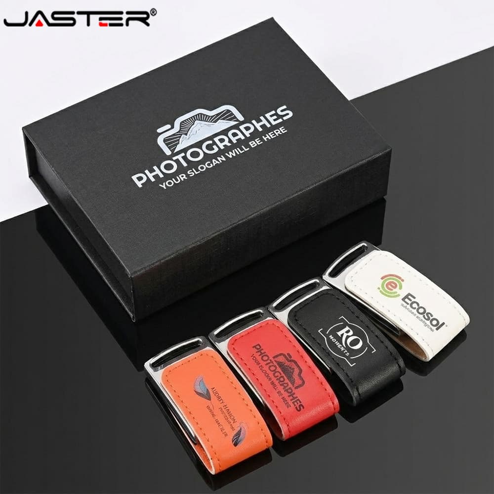 JASTER Unidade Flash USB 2.0 De Couro Personalizado 4GB 32GB 64GB 128GB Pen Drive De Alta Velocidade Em Cores Impressão
