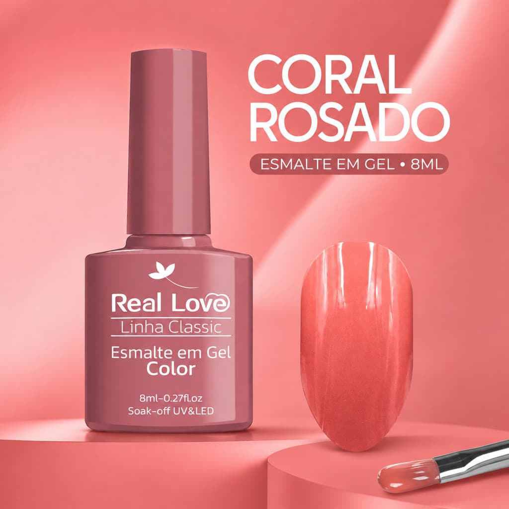 Esmalte em Gel Real Love Coral Rosado 8ml Linha Classic Pincel Língua de Gato