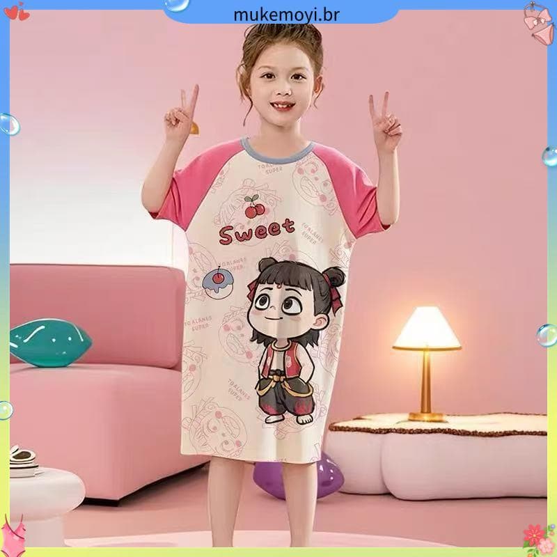 Verão Nezha vestido de uma peça novo estilo pijamas de manga curta estilo fino médio grande crianças meninas dos desenho