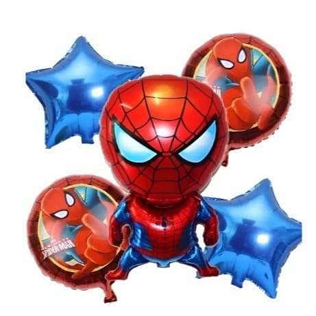 Kit 5 Balão Homem Aranha + Balão Redondo+ Estrela Metalizados Para Festa Decoração Infantil