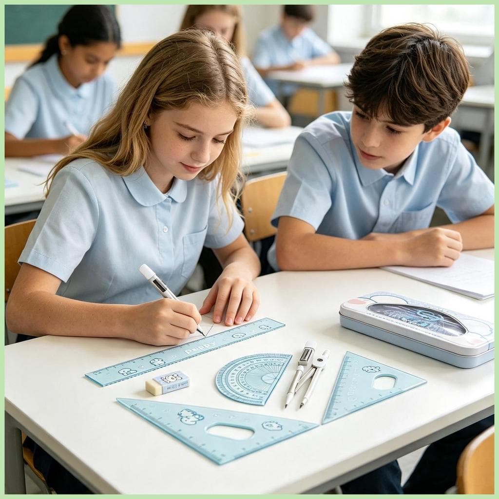Conjunto De Geometria Para Estudantes , Régua De Borracha Transferidora De 7 Peças Com Caixa De Metal , Transferidor Esc