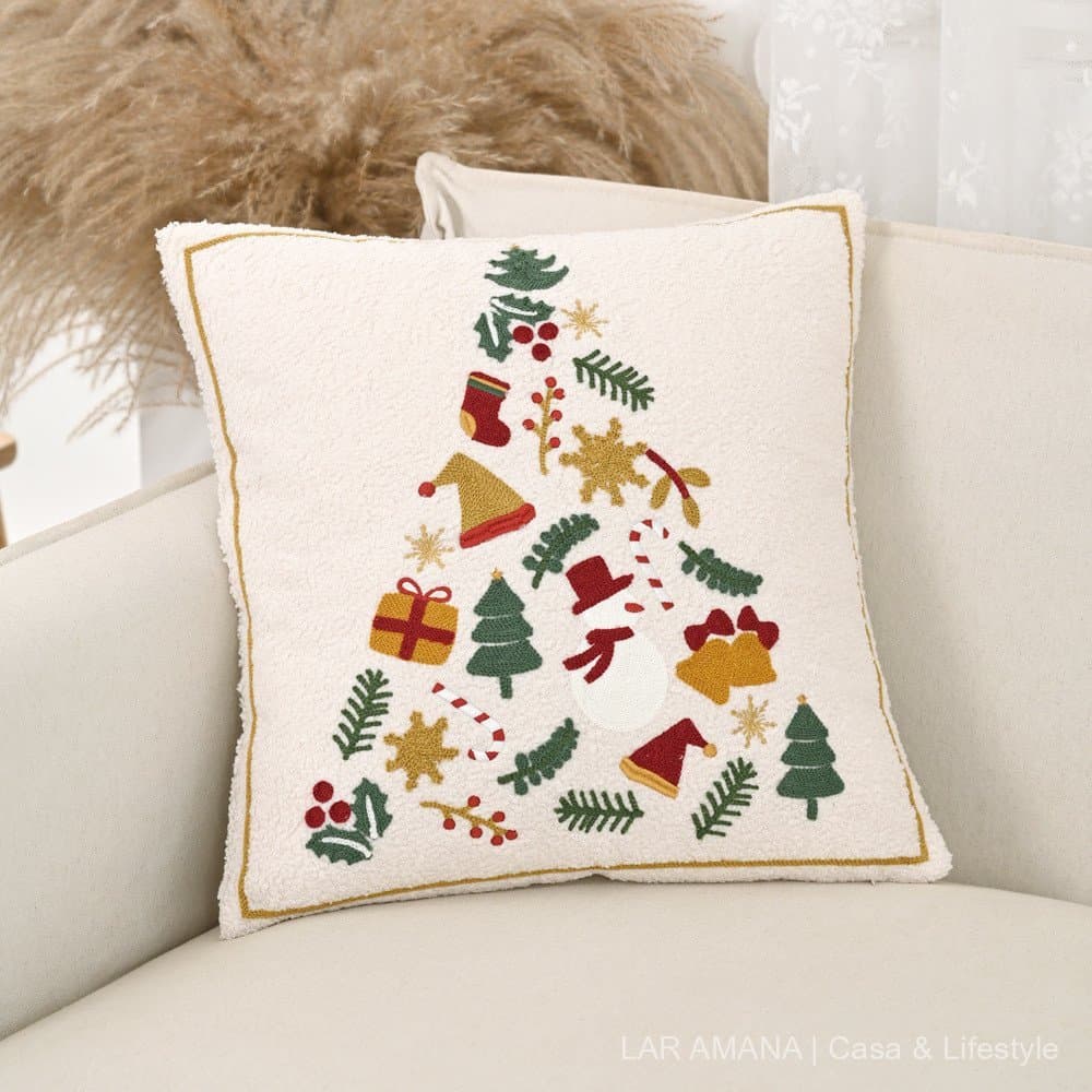Capa de almofada natalina, presente de Natal em veludo teddy bordado com árvore de Natal, capa de almofada para sofá da