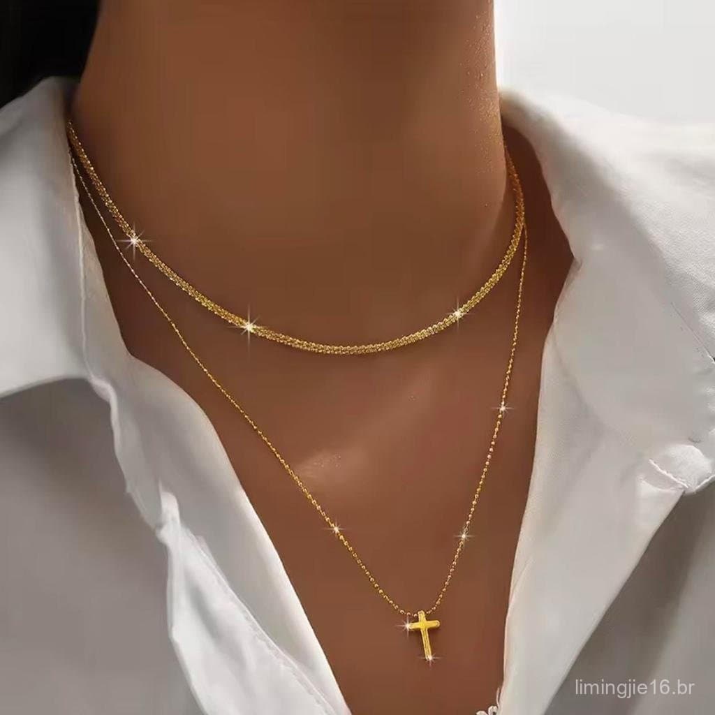 Kit 2 colar com pingente de cruz de Jesus + colar brilhantes com luz de estrelas,  banhado a prata 925 e ouro 18k