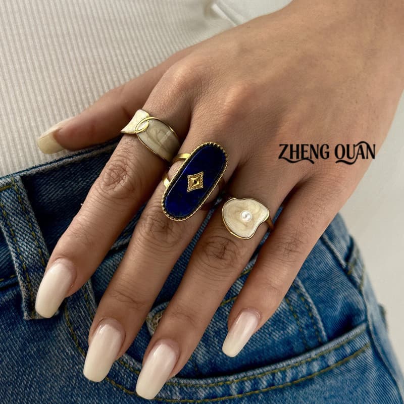 1 Peça Anel Feminino de Aço Inoxidável Dourado Vintage com Lápis-Lazúli Azul, Resina, Esmalte Gotejado, Geometria Vazada