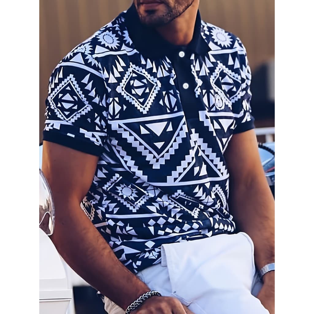 Camisa POLO de figura geométrica, estampa azul branca desbloquear nova dimensão moderna, cria facilmente camisa POLO com
