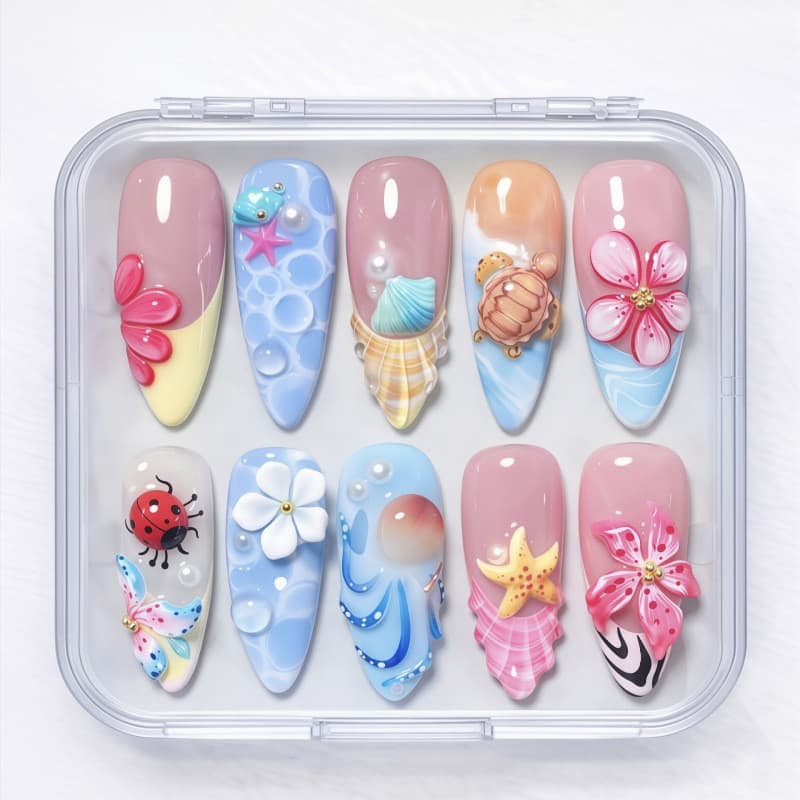 30 peças de unhas postiças curtas em formato de amêndoa para o verão, com designs florais 3D, de casco de tartaruga e de