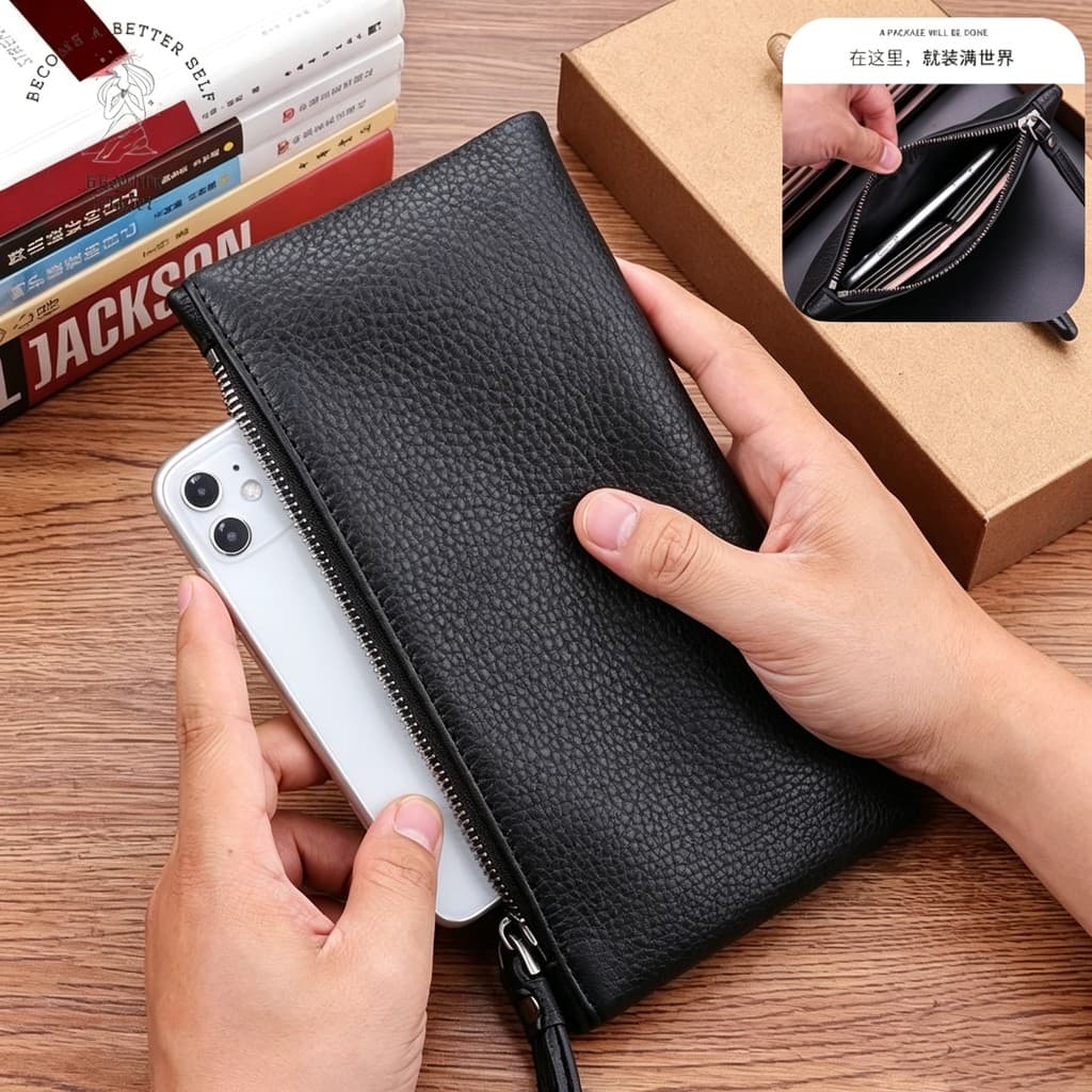 Carteira Masculina De Couro PU Com Fecho De Zíper , Bolsa De Telefone De Grande Capacidade , Alça De Pulso Comercial Mão