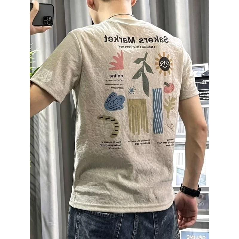 Camiseta masculina de manga curta de algodão puro verão estilo fino juventude magro-ajuste topo dos desenhos animados bo