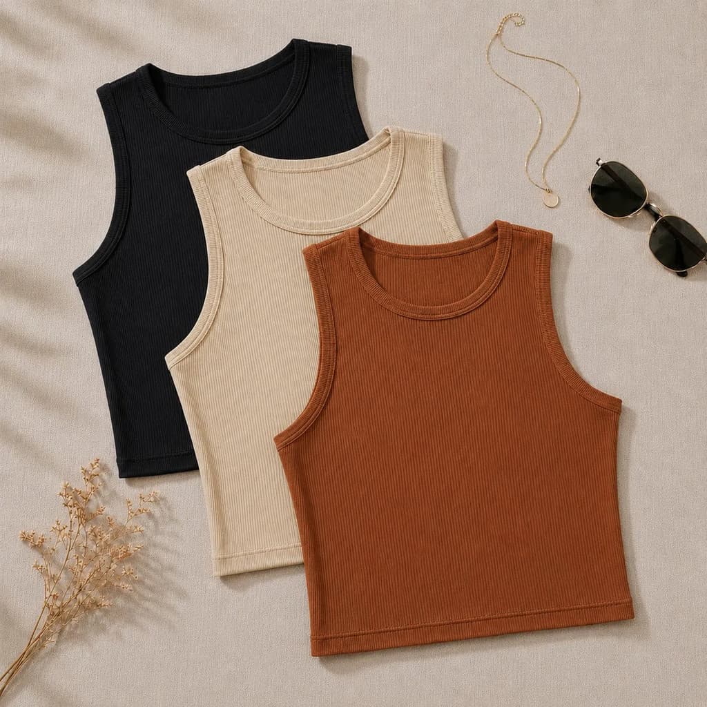 Kit 3 Cropped Feminino Canelado Regata Básico Gola Redonda Casual Tecido Confortável Premium
