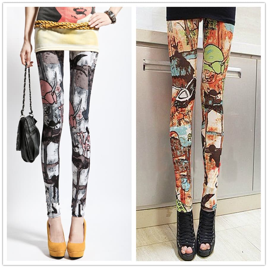 Primavera outono fino Retro leite nativo sedoso impresso Leggings de seda gelo estiramento calças femininas fino-ajuste