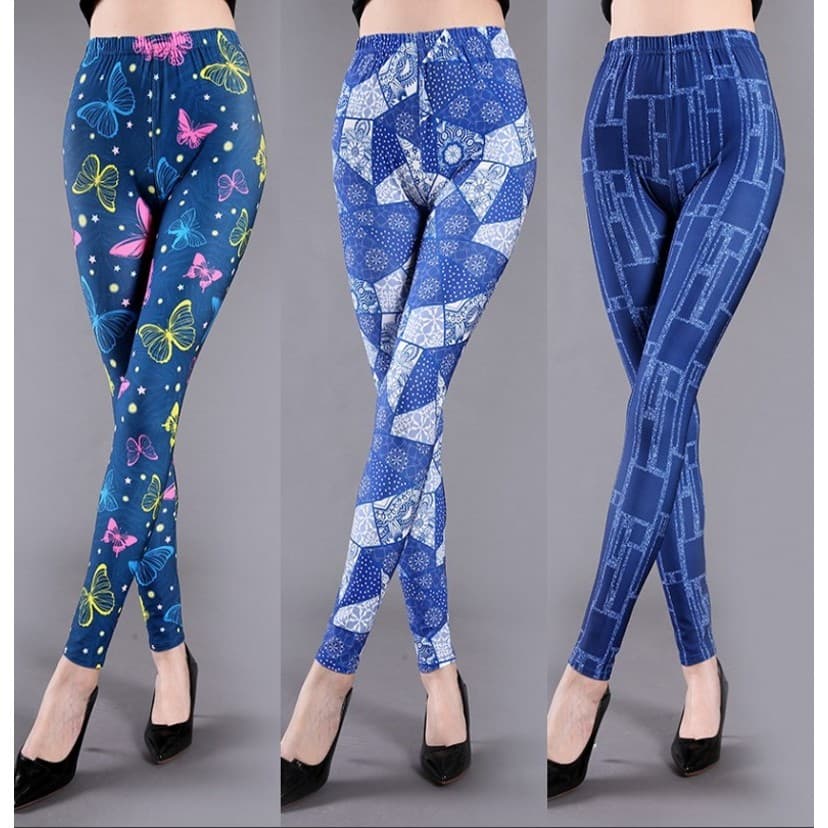 Primavera outono fino exterior usar calças femininas leite sedoso impresso Leggings imitação Denim xadrez flores mais ma