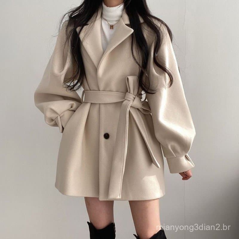 Outono inverno roupas versão coreana novo estilo pequeno jaqueta de lã de comprimento médio feminino lanterna manga tern