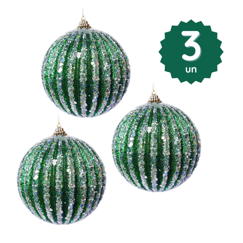 Kit 3 Bolas Natal Verde Listras Glitter Lantejoula 10cm Enfeite Árvore Decoração Pendurar Laços