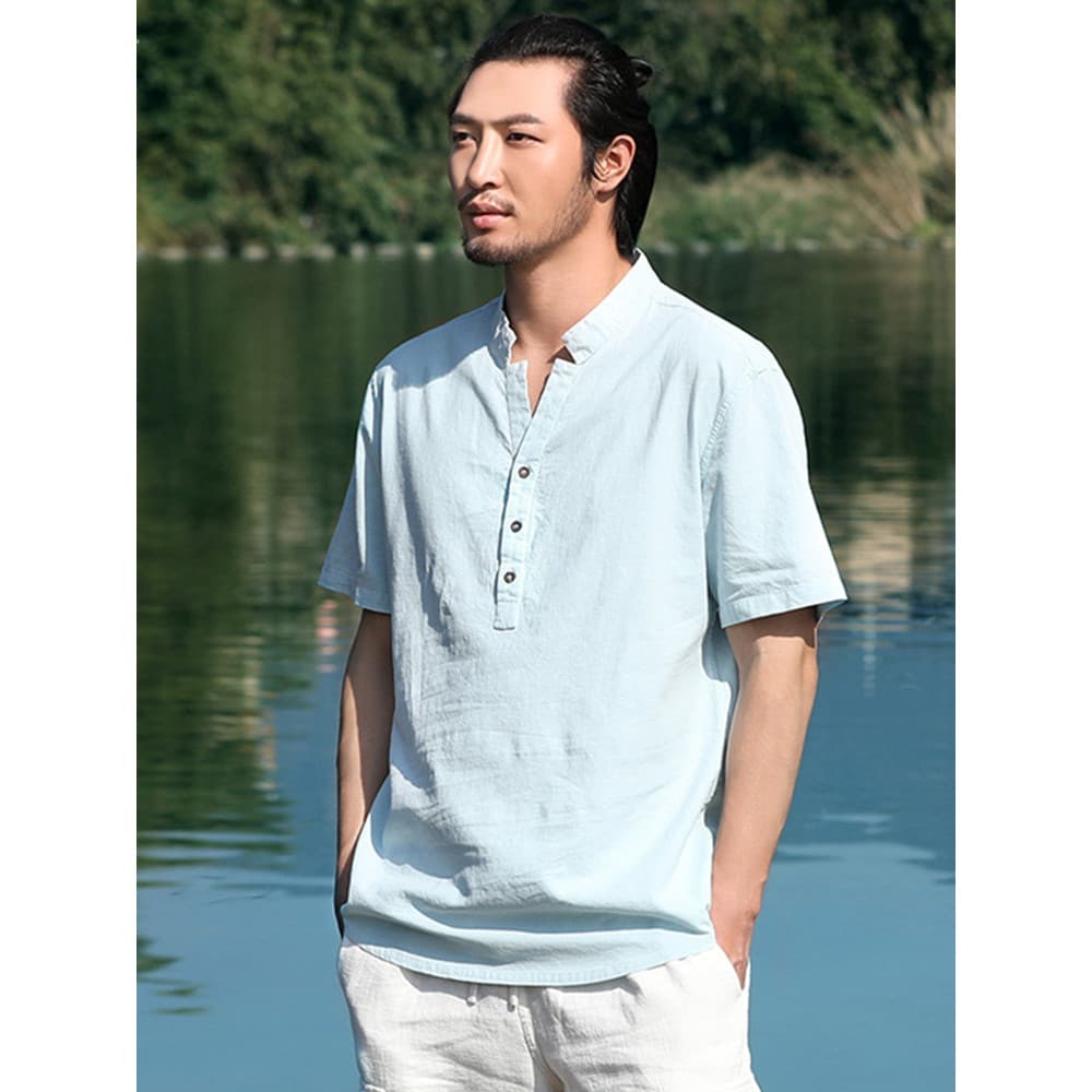 Nantang terno masculino estilo chinês de manga curta camiseta masculina Ramie Casual verão fino meia manga masculino top
