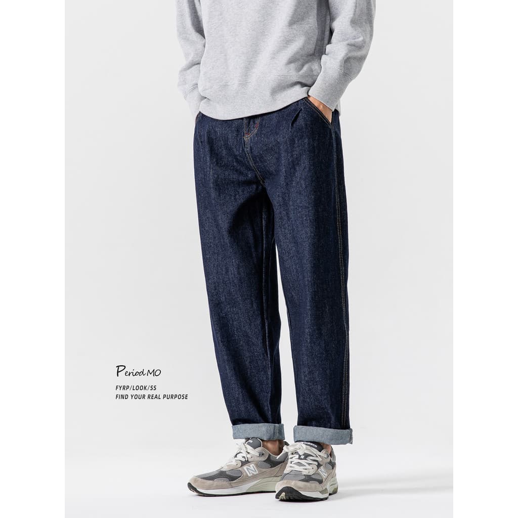 FYRP Momo americano Retro cor Original bolso série linha aberta Jeans retos masculino primavera outono solto Casual calç
