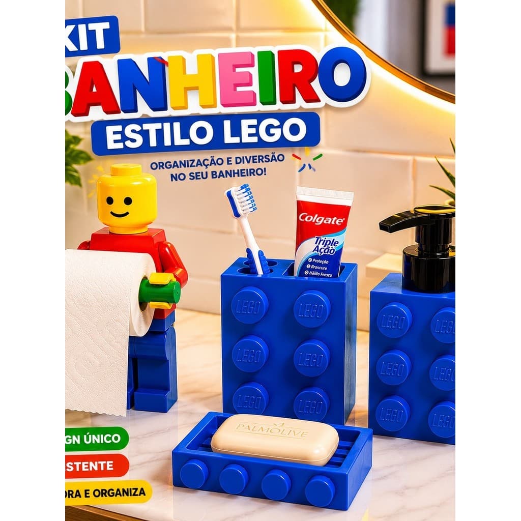 Kit Banheiro Estilo Lego Porta Escova Dispenser Saboneteira Suporte Papel Higiênico Decoração Geek Lavabo Banheiro Escov