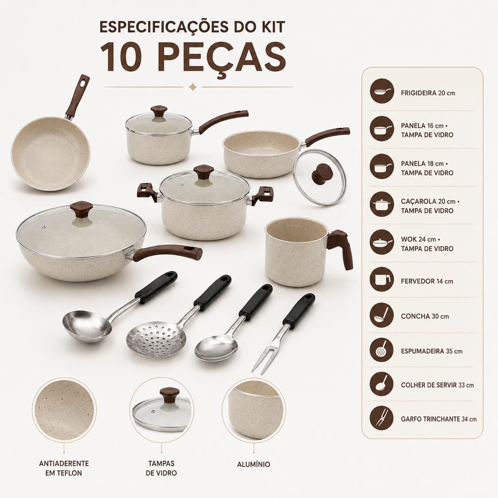 Jogo panelas reforçada 10 peças Bege Frigideira Antiaderente Teflon e panela de arroz com utensílios