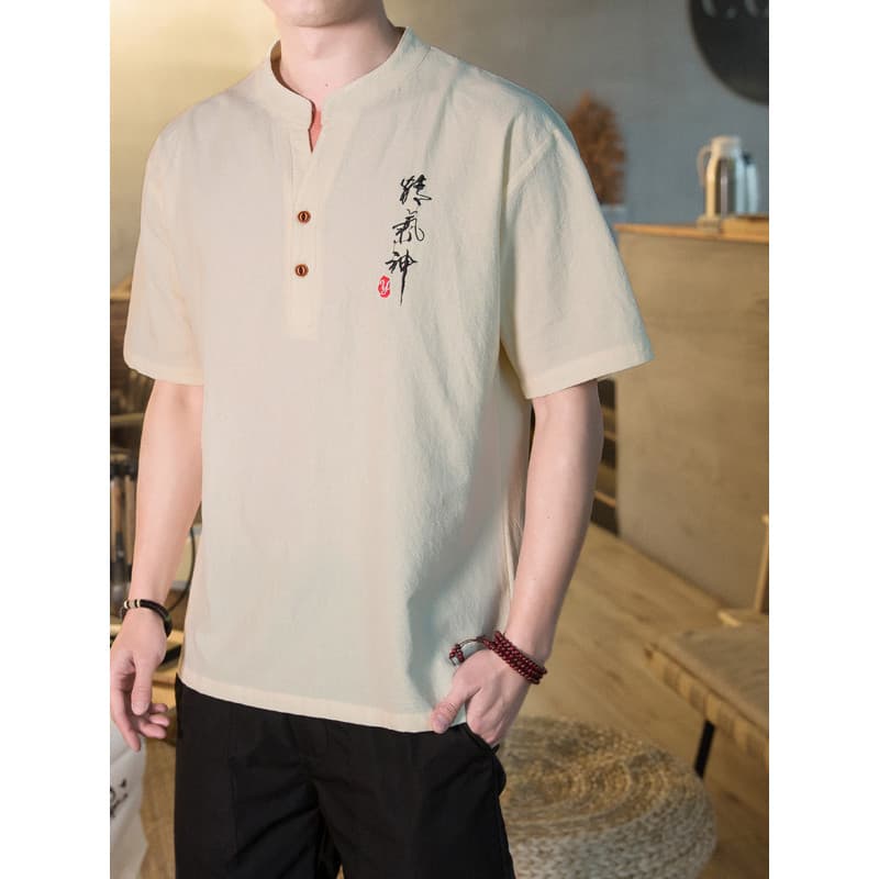 Verão chinês Retro algodão linho de manga curta masculino puro algodão bordado chinês solto meia manga Tang terno camise