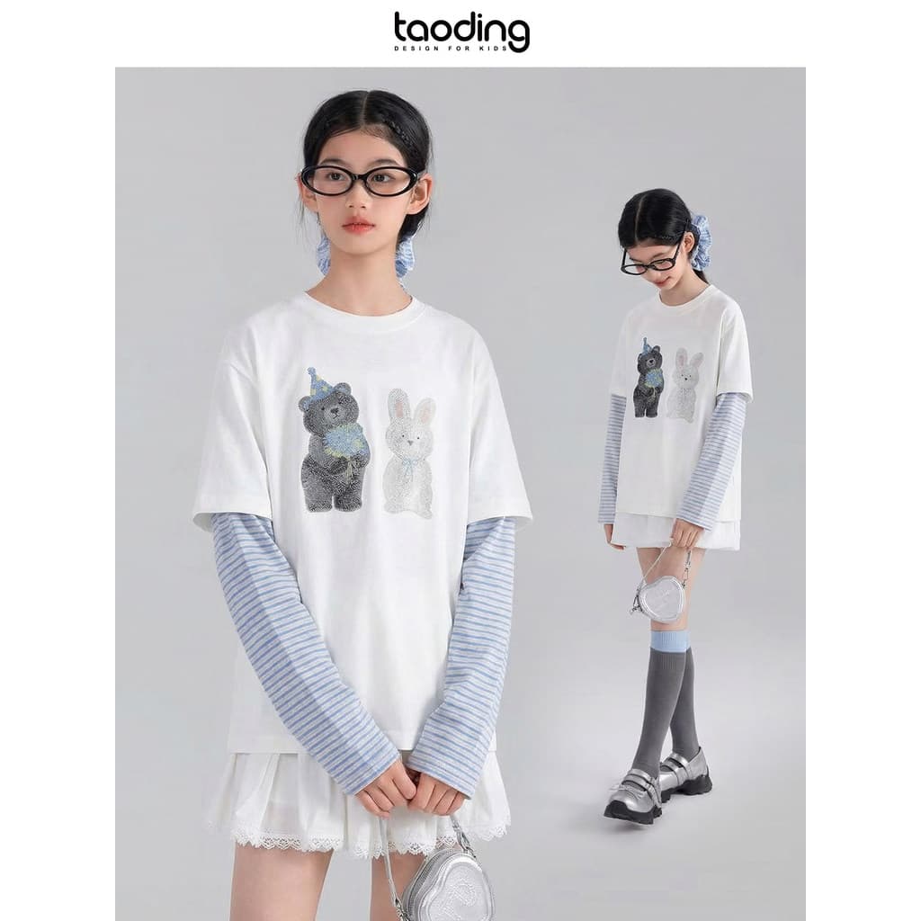 Taoting meninas falsas de duas peças de manga comprida camiseta verão listrado costura fundo grande crianças estilo Casu