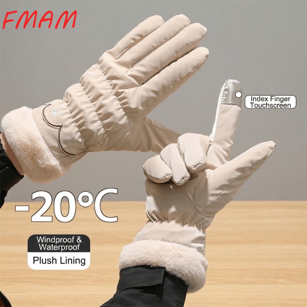 Luvas De Inverno FMAM , Esqui Térmicas De Cor Sólida Com Tela Sensível Ao Toque Ciclismo Ar Livre Forro De Pelúcia Macio