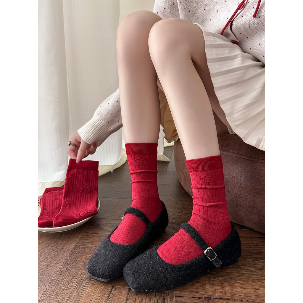Benming ano vermelho desossado meias femininas meados de tubo meias estilo Preppy ano novo puro algodão primavera outono