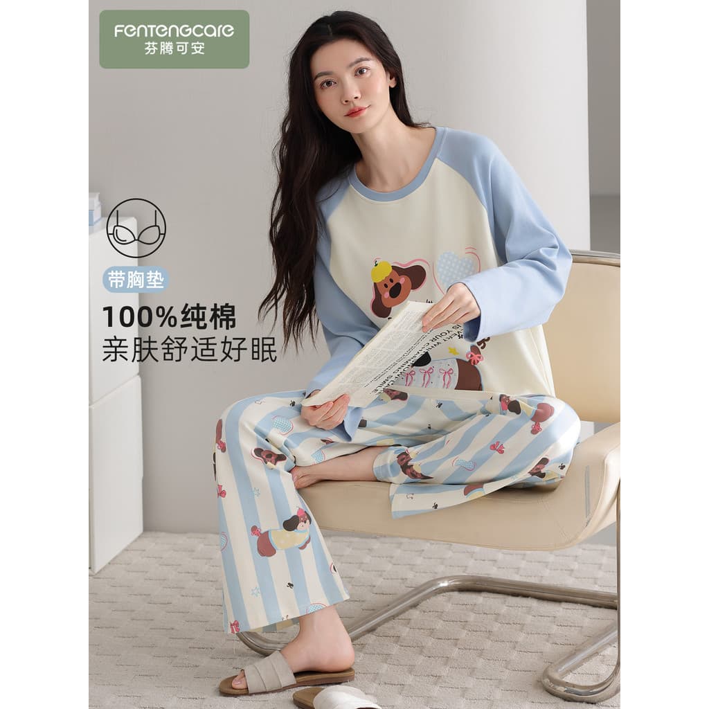 Fenteng Ke'an Pijama de algodão puro 2026 Novo estilo Pijama feminino de manga comprida com almofadas no peito Pijama de