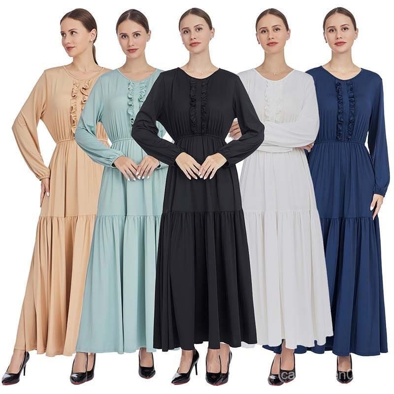 Vestido Longo com Babados para Mulheres Muçulmanas, Abaya de Cor Sólida, Kaftan de Dubai, Jalabiya para Eid, Robe Árabe