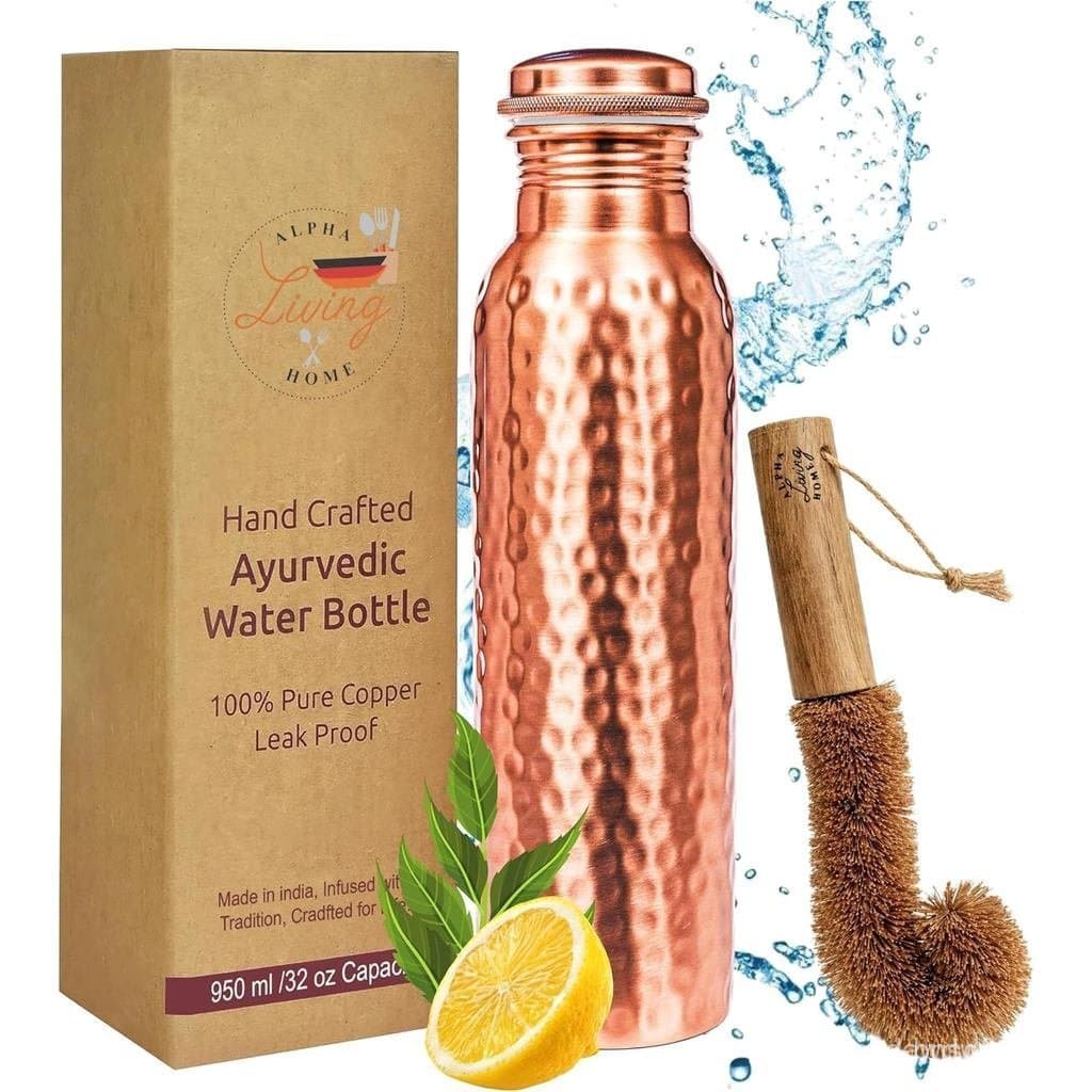 Garrafa de água de cobre AlphaLivingHome, 32 onças extra grandes, garrafa de água de cobre puro, garrafa para água potáv