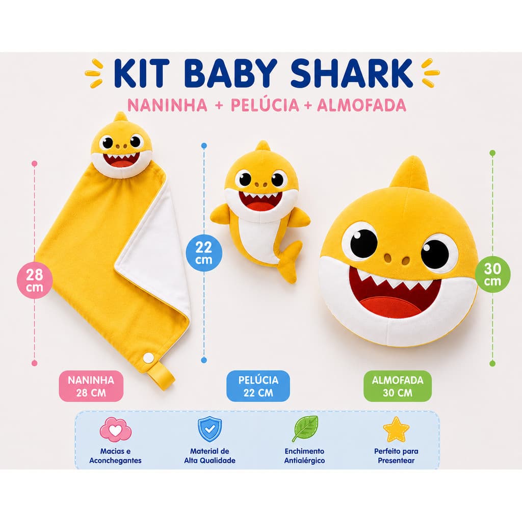 Kit de Presente Tubarão Baby Shark com Almofada, Naninha e Pelúcia - Kit 3 peças
