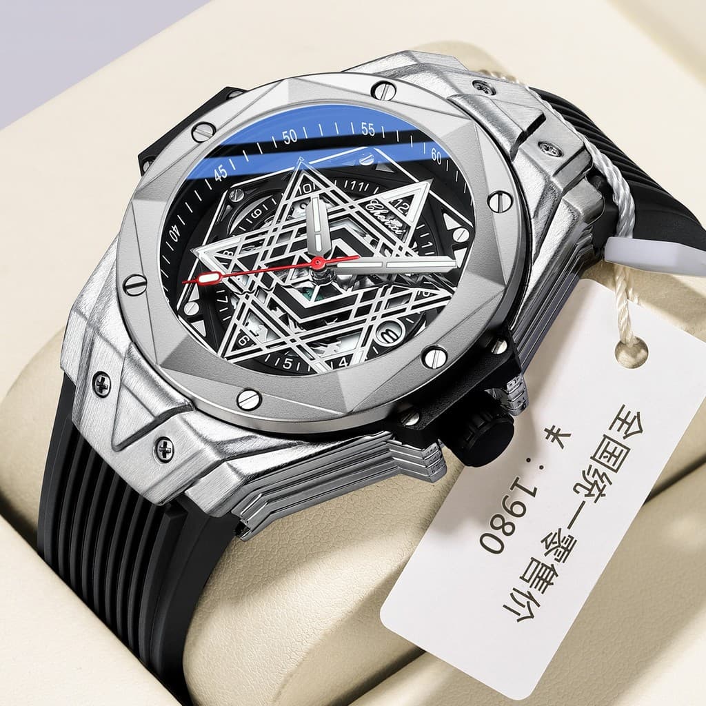 Prisma geométrico rebites legal relógio calendário Silicone luminoso à prova dwaterproof água comércio exterior Cross-Bo