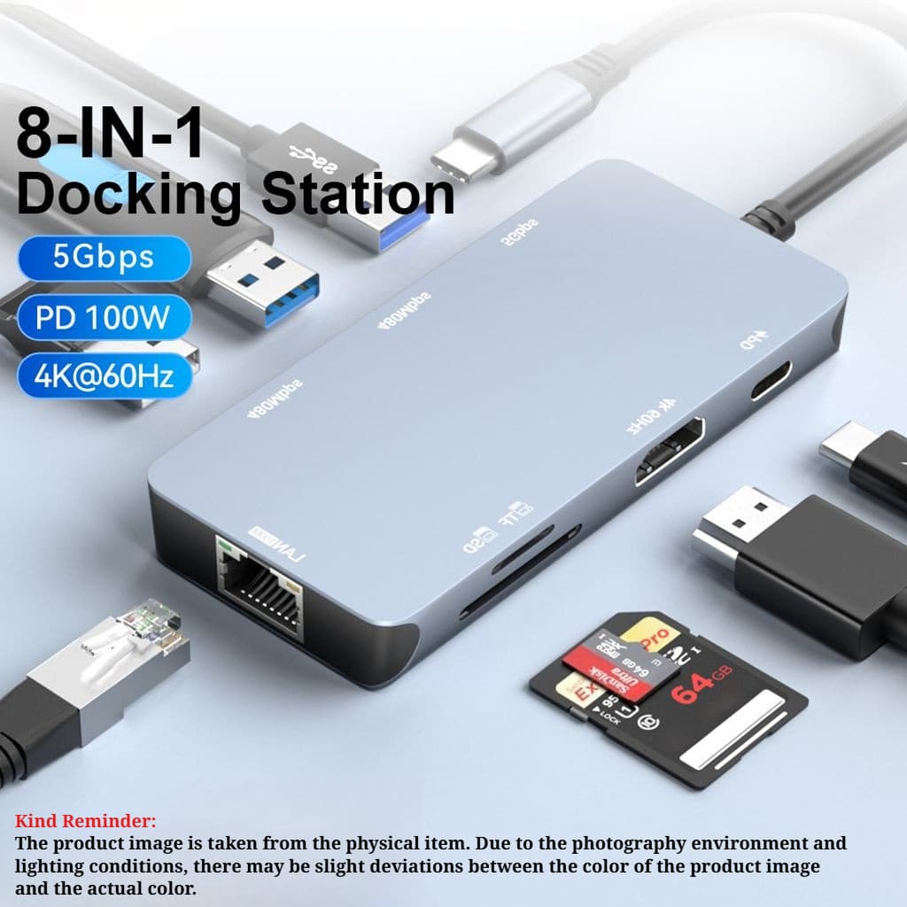 JMT 8 Em 1 Estação De Acoplamento De Liga De Alumínio Compatível Com HDMI 4K @ 60Hz PD100W RJ45 Porta Ethernet Para Moni