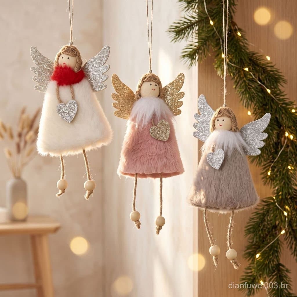 Novo enfeite de árvore de Natal em forma de coração, anjo de pelúcia, menina, decoração de Natal criativa, enfeite de Na