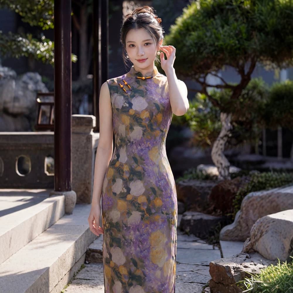 Beizhiyun flor roxa melhorada gaze longa Cheongsam feminina 2026 primavera novo estilo sem mangas estilo jovem roupa de