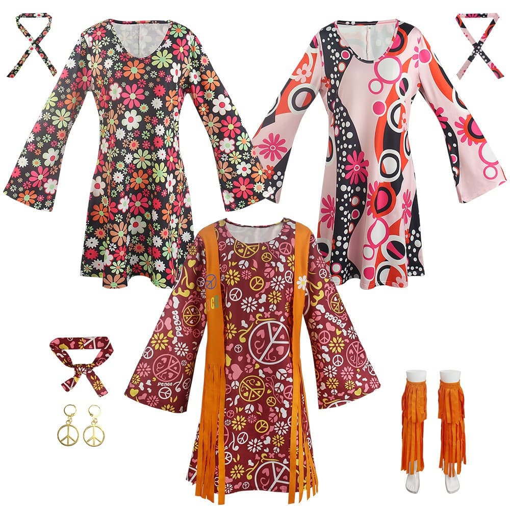 Vestido Hippie Feminino Anos 60 70, Fantasia Vintage Paz e Amor, Traje Disco Halloween Boho