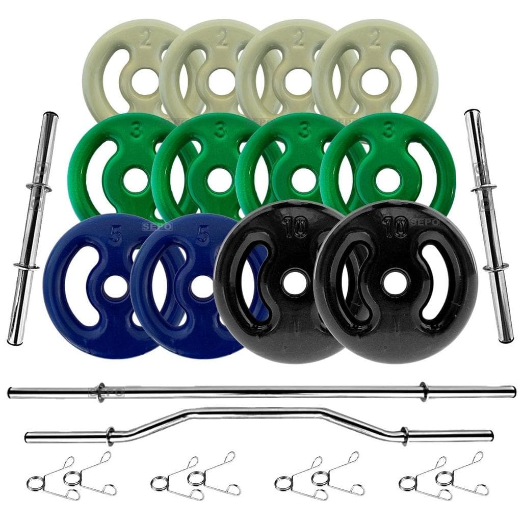 Kit 50Kg Anilhas Emborrachadas com Barras de 40cm e 1,60m + Barra W 1,20m