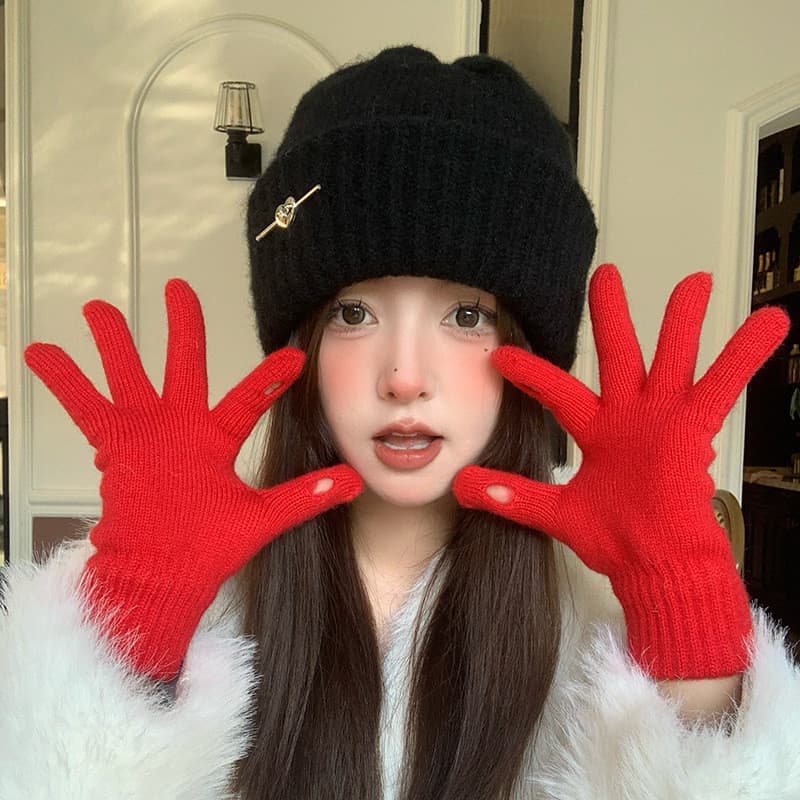 Vermelho bonito urso malha luvas de lã feminino outono inverno quente à prova de frio sem dedos tela sensível ao toque S