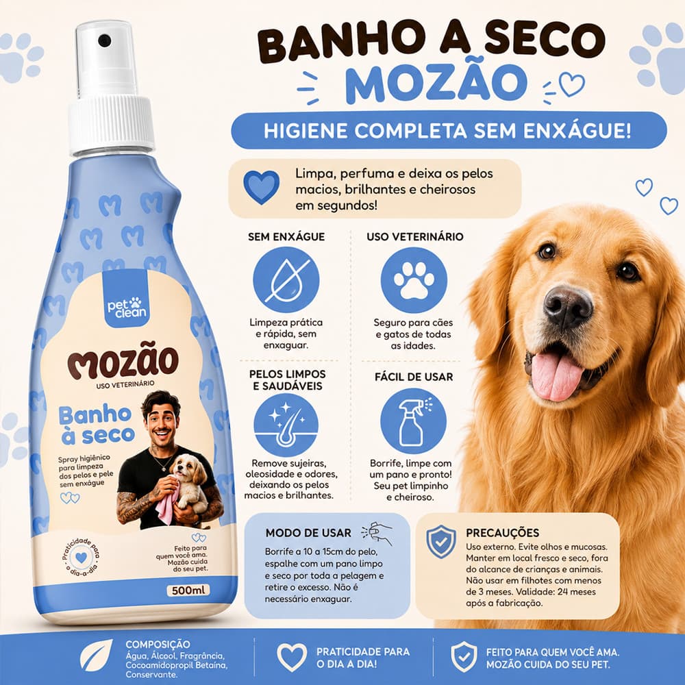 Banho a Seco Spray Sem Enxágue para Cachorro e Gato Pet Clean - 500ml Cheiroso
