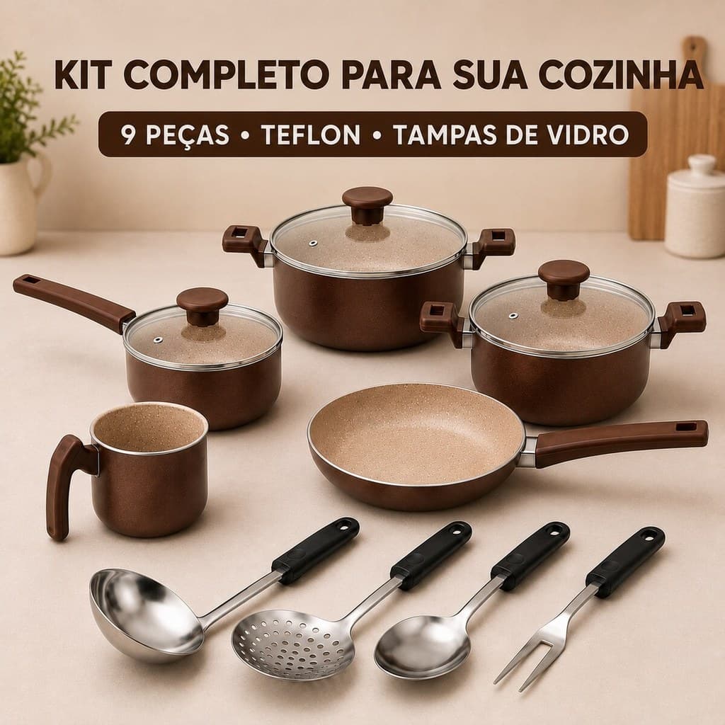 Jogo De Panelas Antiaderente Cerâmica 9 Peças Completo Com Utensilios Marrom Tampa vidro
