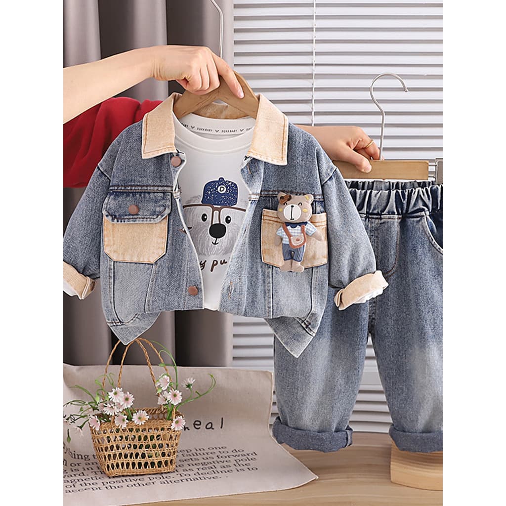 Meninos primavera moda Denim terno moda rufião bonito bebê primavera outono terno de três peças do bebê crianças roupas