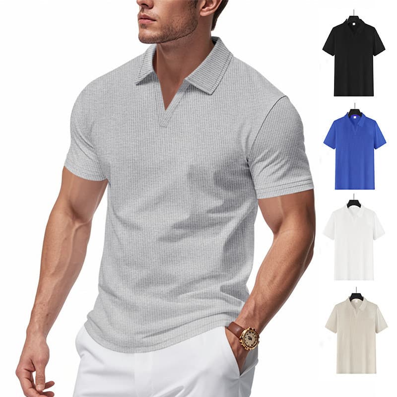 Camisa POLO masculina solta Casual esportiva com decote em V Waffle manga curta lapela camisa POLO masculina
